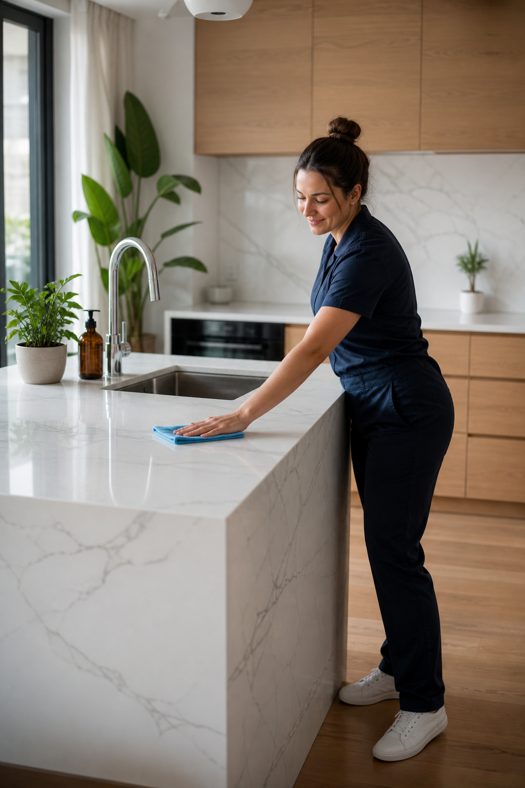 Professional cleaner finishing a London kitchen